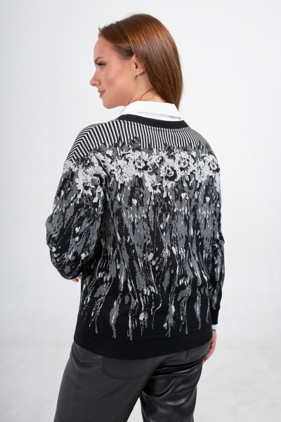 Черный джемпер с брошью и спущенным плечом Condra 16262 черный-серый - фото 4