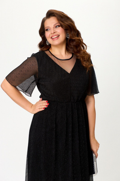 Платье за колено из трикотажа и фатина с кокеткой и капля-застежкой ANASTASIA MAK 1225 черный - фото 5