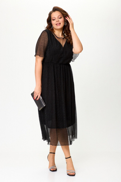 Платье за колено из трикотажа и фатина с кокеткой и капля-застежкой ANASTASIA MAK 1225 черный - фото 2
