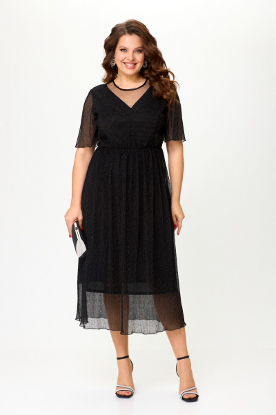 Платье за колено из трикотажа и фатина с кокеткой и капля-застежкой ANASTASIA MAK 1225 черный - фото 1