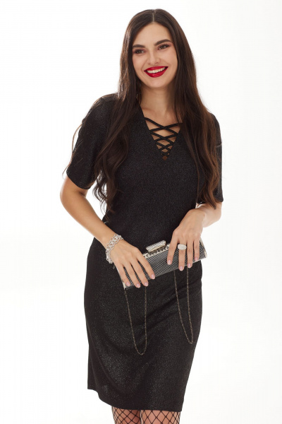 Платье миди с V-образным вырезом и металлизированной нитью Твой имидж 2005 чёрный_люрекс - фото 2