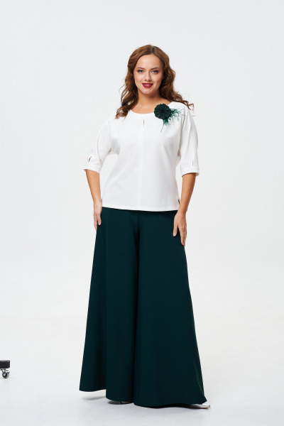 Круглогодичный комплект блузы и широких брюк T&N 7588 белый_теплый+зеленый - фото 6