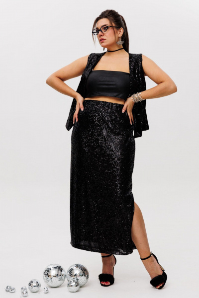 Пайеточная миди-юбка с разрезом и мягким поясом Anelli 1499 лунная_ночь - фото 11