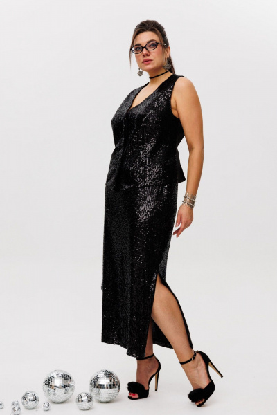 Пайеточная миди-юбка с разрезом и мягким поясом Anelli 1500 лунная_ночь - фото 5