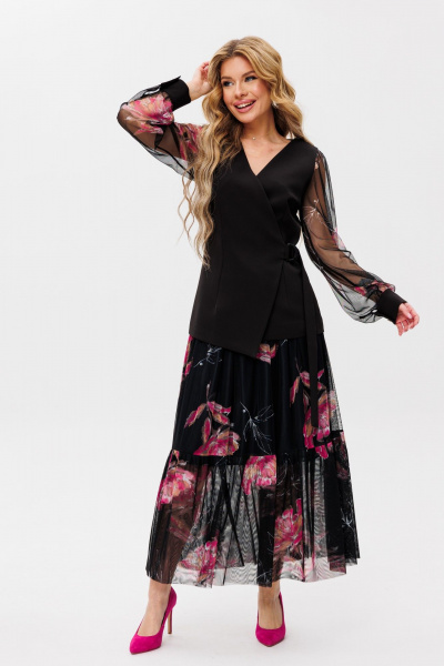 Двухпредметный костюм из сетки и текстиля Ambera Style 2055-1 черный/фуксия - фото 1