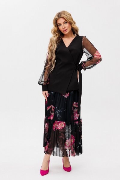 Двухпредметный костюм из сетки и текстиля Ambera Style 2055-1 черный/фуксия - фото 2