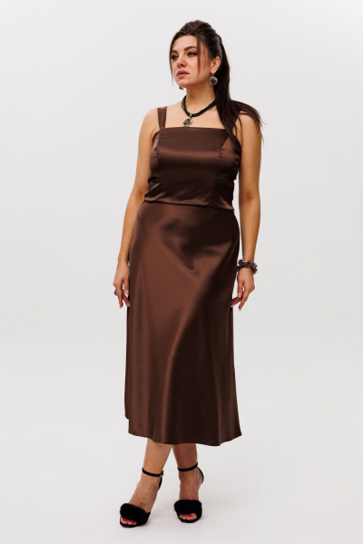 Атласная миди юбка с косым кроем на потайной молнии Anelli 1291 корица - фото 3