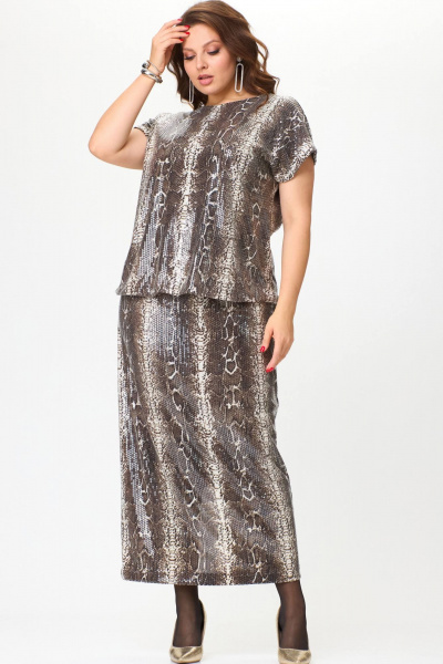 Бежевый костюм из трикотажа с пайетками, юбка и блузон SOVA 11264 - фото 1