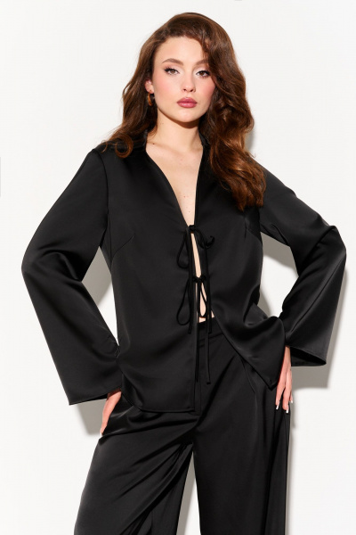 Черная рубашка из струящейся ткани с завязками, деловой стиль FOXY FOX 1664 - фото 8