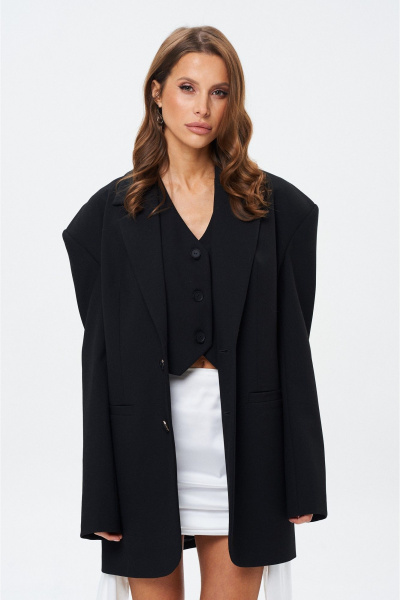 Черный приталенный жакет с эффектными плечами и карманами SHAM SHAM 1019 чёрный - фото 1