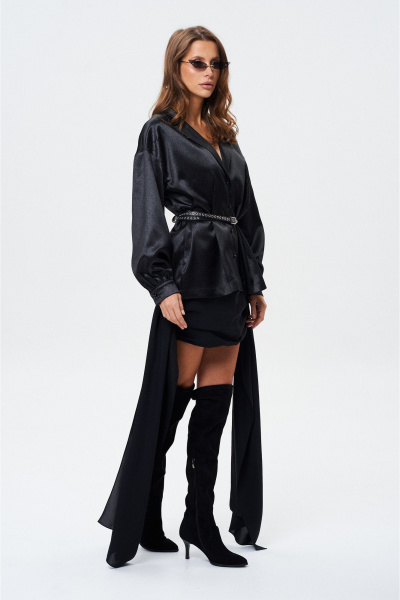 Черная нарядная блузка с пышными рукавами и вырезом, мерцающая ткань SHAM SHAM 1024 чёрный - фото 5