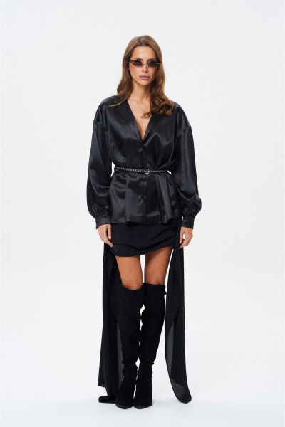 Черная нарядная блузка с пышными рукавами и вырезом, мерцающая ткань SHAM SHAM 1024 чёрный - фото 4