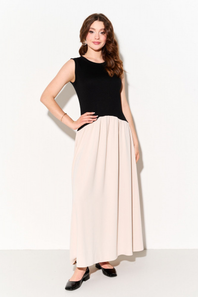 Платье миди из трикотажа и струящейся ткани на каждый день FOXY FOX 1695 черный-беж - фото 7