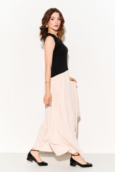 Платье миди из трикотажа и струящейся ткани на каждый день FOXY FOX 1695 черный-беж - фото 2