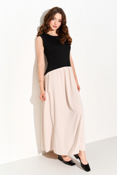 Платье миди из трикотажа и струящейся ткани на каждый день FOXY FOX 1695 черный-беж - фото 1