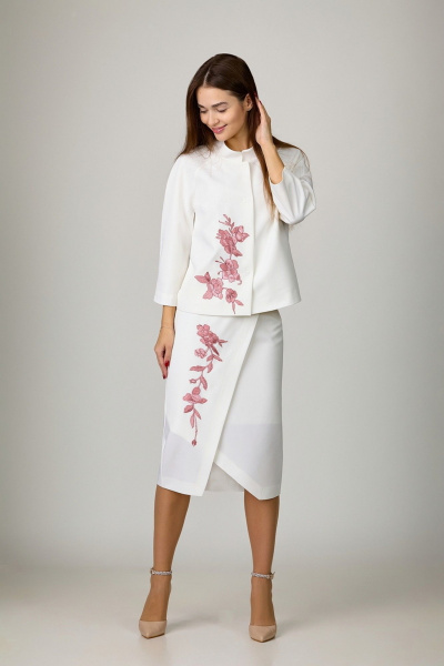 Костюм 2-ка белый с молочным жакетом и юбкой на пуговицах Rosheli 1046/4 молочный - фото 1