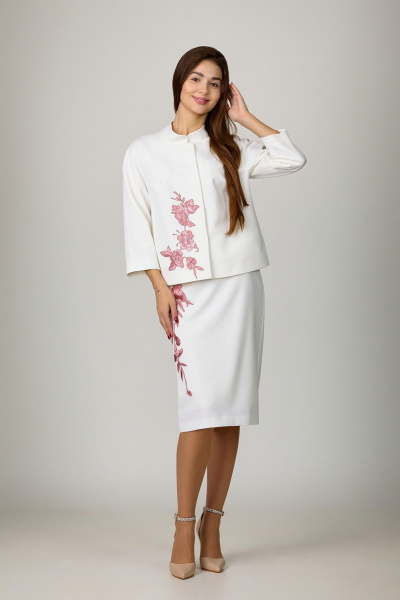 Костюм 2-ка молочный жакет и юбка с застежкой-молнией Rosheli 1046/5 молочный - фото 1