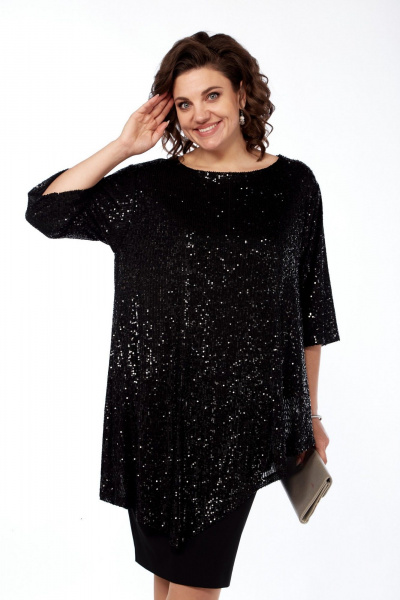 Демисезонный нарядный комплект из пайеток, туники и юбки-карандаша LadisLine 1549 черный - фото 7