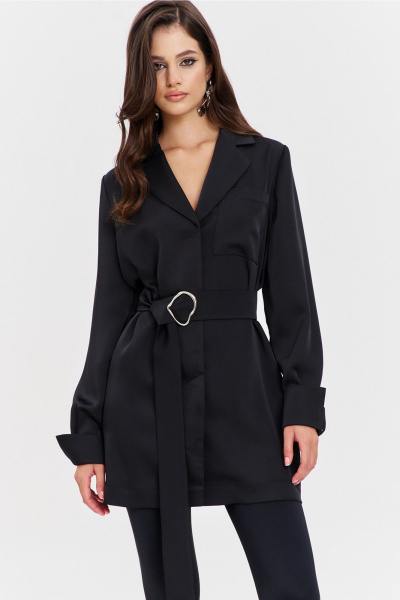 Круглогоднее черное платье свободного кроя с разрезом и поясом RINKA 1345/1 черный - фото 21