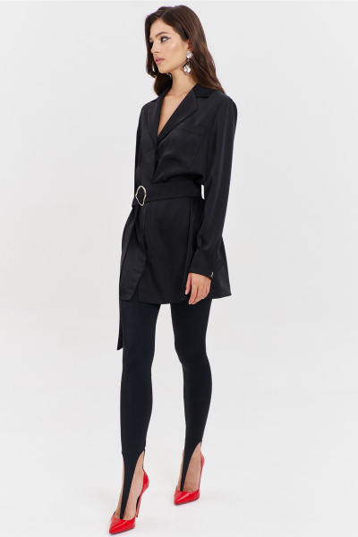 Круглогоднее черное платье свободного кроя с разрезом и поясом RINKA 1345/1 черный - фото 19