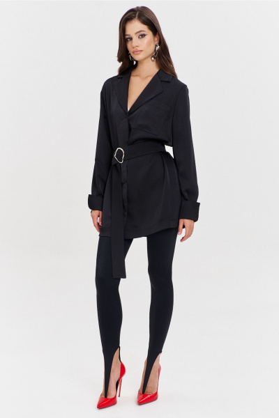 Круглогоднее черное платье свободного кроя с разрезом и поясом RINKA 1345/1 черный - фото 18