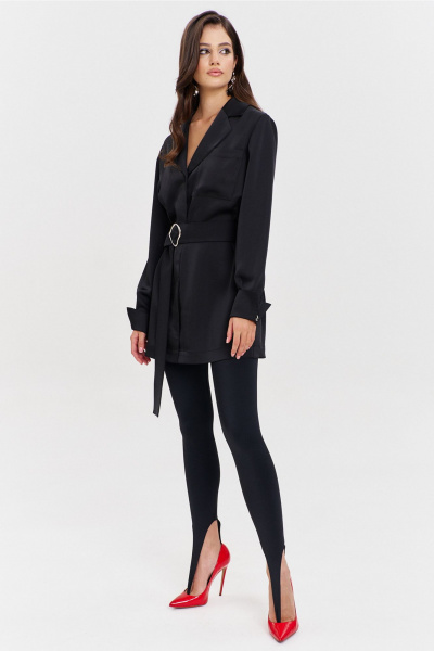 Круглогоднее черное платье свободного кроя с разрезом и поясом RINKA 1345/1 черный - фото 17