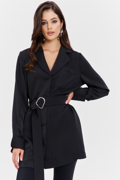 Круглогоднее черное платье свободного кроя с разрезом и поясом RINKA 1345/1 черный - фото 16