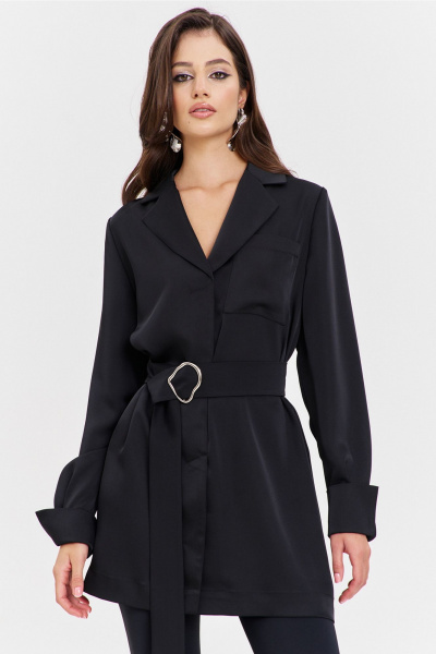 Круглогоднее черное платье свободного кроя с разрезом и поясом RINKA 1345/1 черный - фото 15