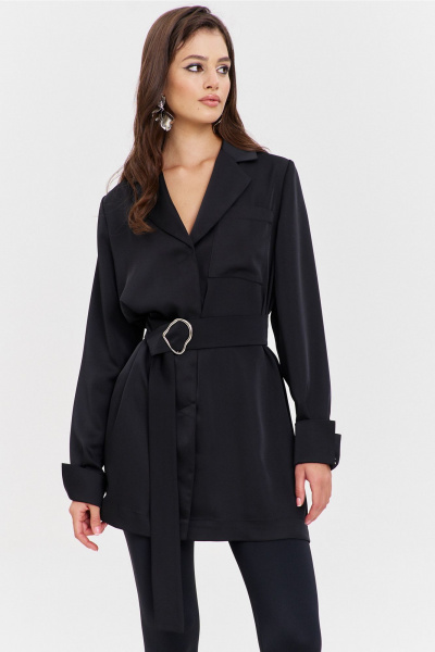 Круглогоднее черное платье свободного кроя с разрезом и поясом RINKA 1345/1 черный - фото 14