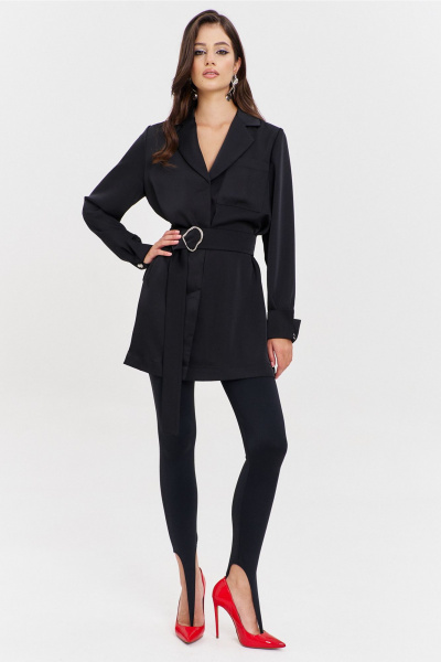 Круглогоднее черное платье свободного кроя с разрезом и поясом RINKA 1345/1 черный - фото 13