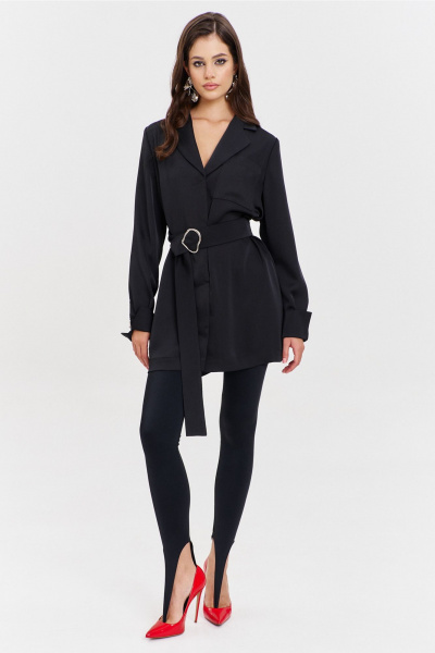 Круглогоднее черное платье свободного кроя с разрезом и поясом RINKA 1345/1 черный - фото 12