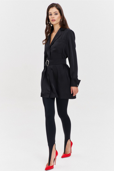 Круглогоднее черное платье свободного кроя с разрезом и поясом RINKA 1345/1 черный - фото 11