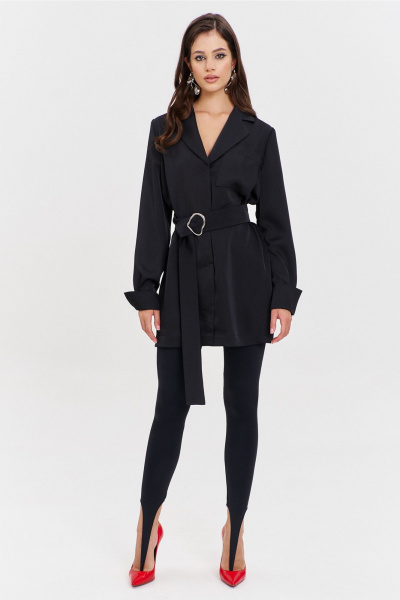 Круглогоднее черное платье свободного кроя с разрезом и поясом RINKA 1345/1 черный - фото 8