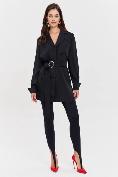 Круглогоднее черное платье свободного кроя с разрезом и поясом RINKA 1345/1 черный - фото 7