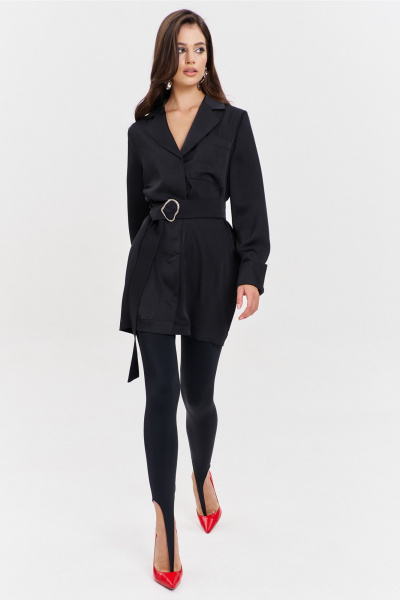 Круглогоднее черное платье свободного кроя с разрезом и поясом RINKA 1345/1 черный - фото 6