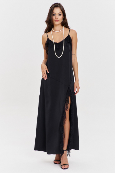 Круглогоднее черное макси платье с асимметричным подрезом и кружевом RINKA 1346 черный - фото 22