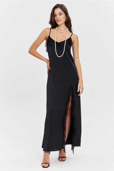 Круглогоднее черное макси платье с асимметричным подрезом и кружевом RINKA 1346 черный - фото 21