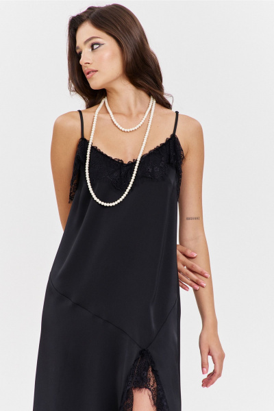 Круглогоднее черное макси платье с асимметричным подрезом и кружевом RINKA 1346 черный - фото 19