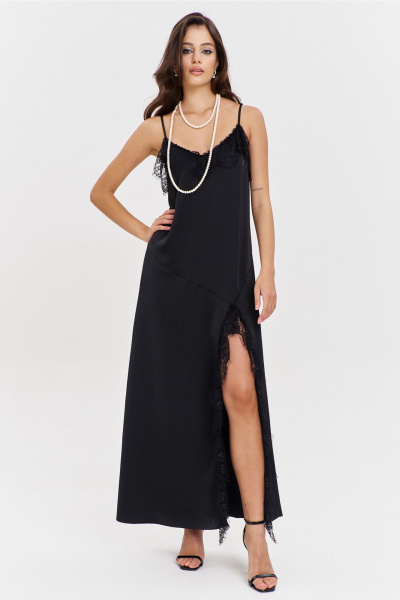 Круглогоднее черное макси платье с асимметричным подрезом и кружевом RINKA 1346 черный - фото 18