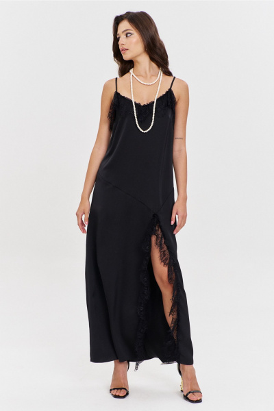 Круглогоднее черное макси платье с асимметричным подрезом и кружевом RINKA 1346 черный - фото 15