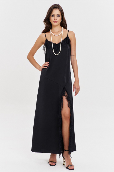 Круглогоднее черное макси платье с асимметричным подрезом и кружевом RINKA 1346 черный - фото 1