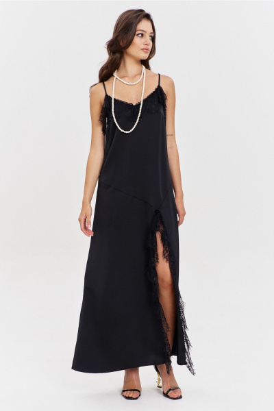 Круглогоднее черное макси платье с асимметричным подрезом и кружевом RINKA 1346 черный - фото 14