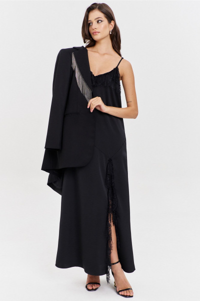 Круглогоднее черное макси платье с асимметричным подрезом и кружевом RINKA 1346 черный - фото 13
