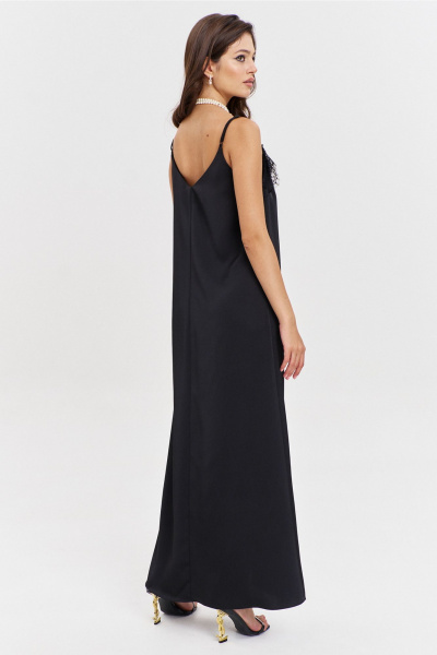 Круглогоднее черное макси платье с асимметричным подрезом и кружевом RINKA 1346 черный - фото 8