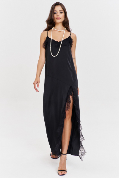 Круглогоднее черное макси платье с асимметричным подрезом и кружевом RINKA 1346 черный - фото 5