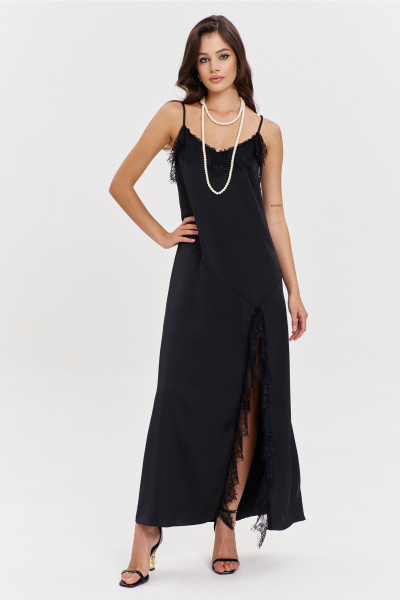 Круглогоднее черное макси платье с асимметричным подрезом и кружевом RINKA 1346 черный - фото 3