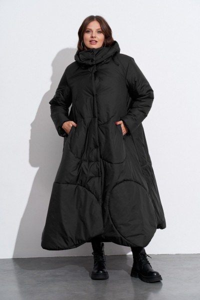 Пальто утепленное с хаотичной отстрочкой и съёмным капюшоном TEZA 5598 черный - фото 1