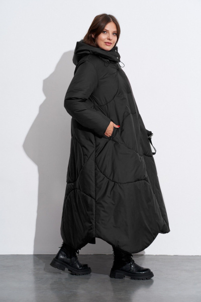 Пальто утепленное с хаотичной отстрочкой и съёмным капюшоном TEZA 5598 черный - фото 2