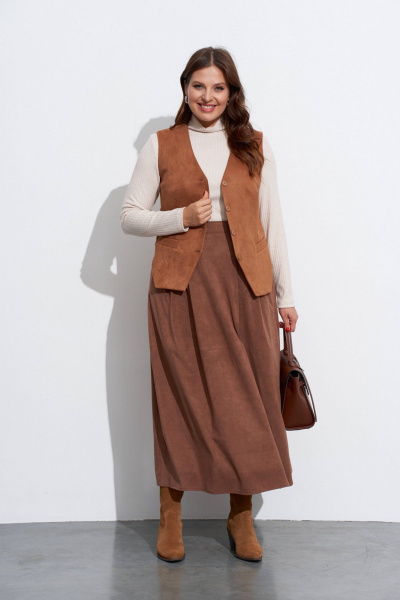 Бежевый жилет и юбка из искусственной замши с трикотажными деталями TEZA 5623 бежевая_замша - фото 1