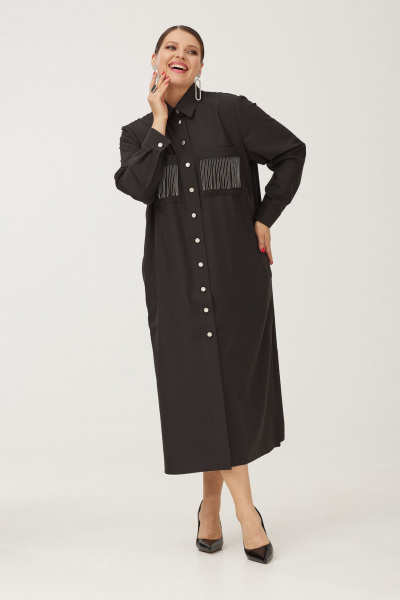 Эффектное нарядное платье-рубашка с накладными карманами и блестящими пуговицами OVERYOU М184 черный - фото 8